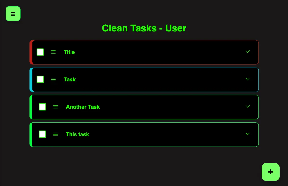 A screenshot showing the Clean Tasks UI with a list of tasks and user dashboard