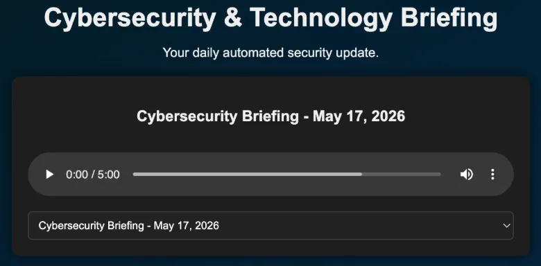 A screenshot showing the Cyber Brief podcast page with user interface for browsing episodes and listening to audio content